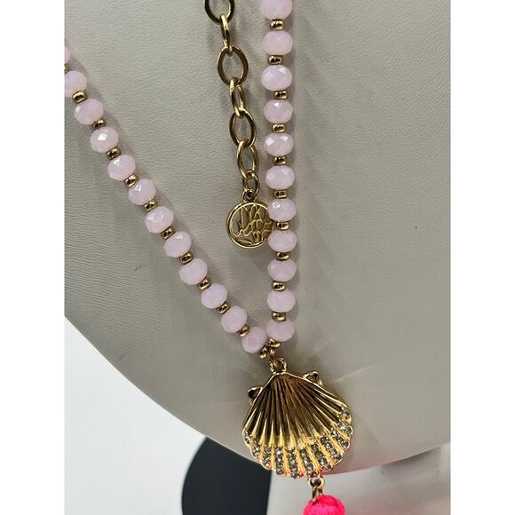 Lilly Pulitzer Gold Pave Shell Pink Beaded Vibrant Bright Tassel Long Necklace - Picture 8 of 10